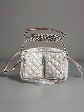 MZ Wallace Silver Metallic Leather Crossbody Bag – Chain Strap & Pockets